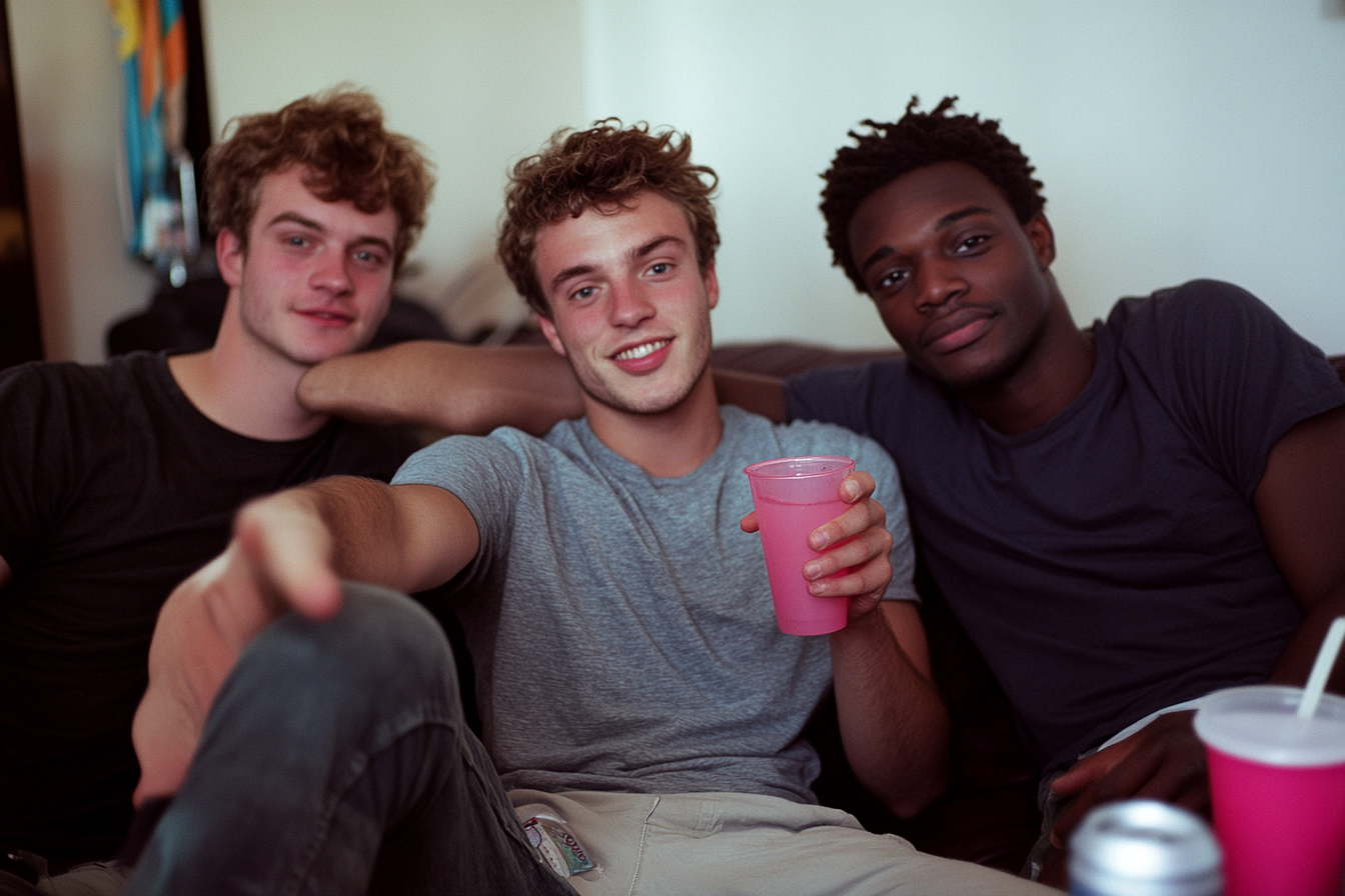 Three friends having fun at a house party.