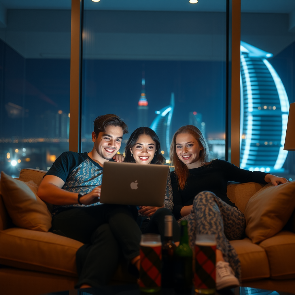 Three friends on sofa with laptop, night Dubai view.