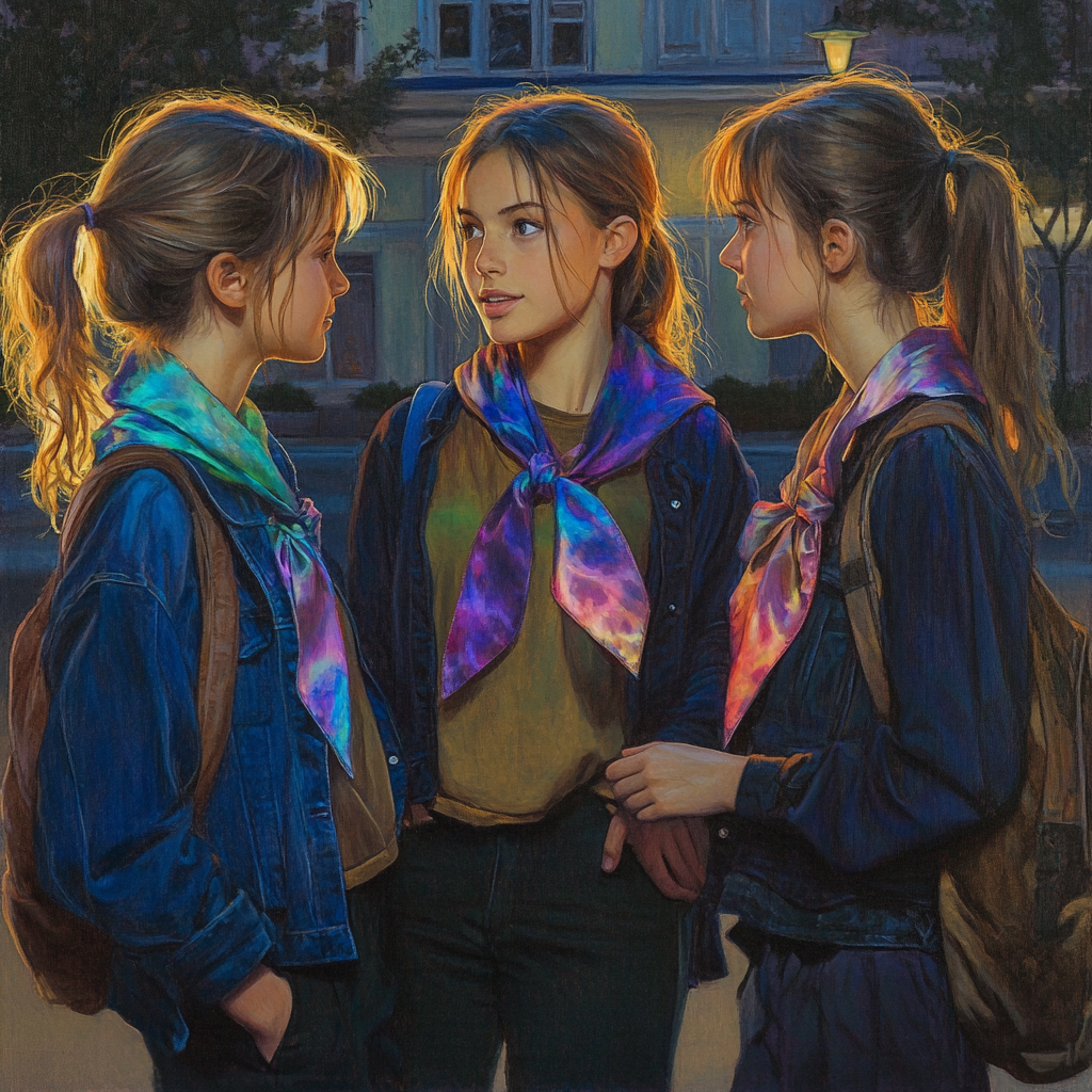 Three girls chat outside school at night