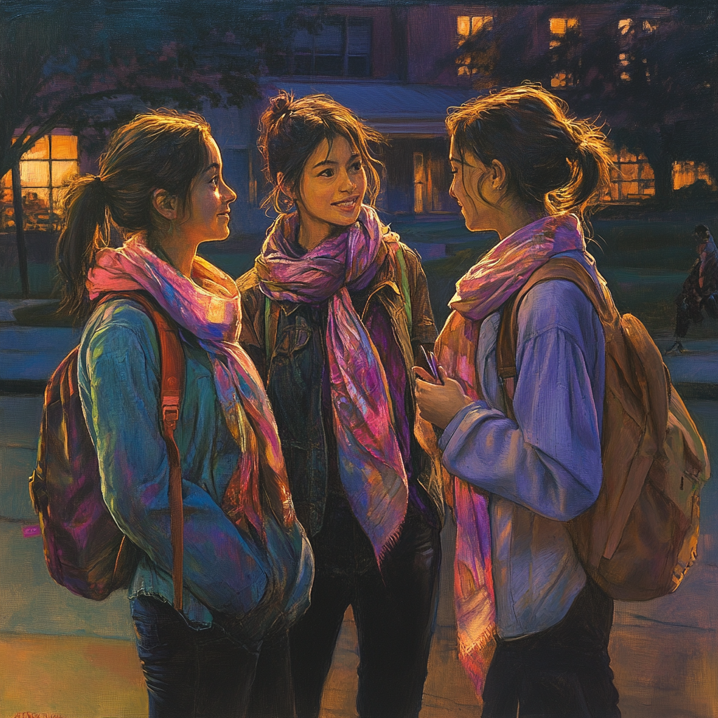 Three girls chatting outside school at night