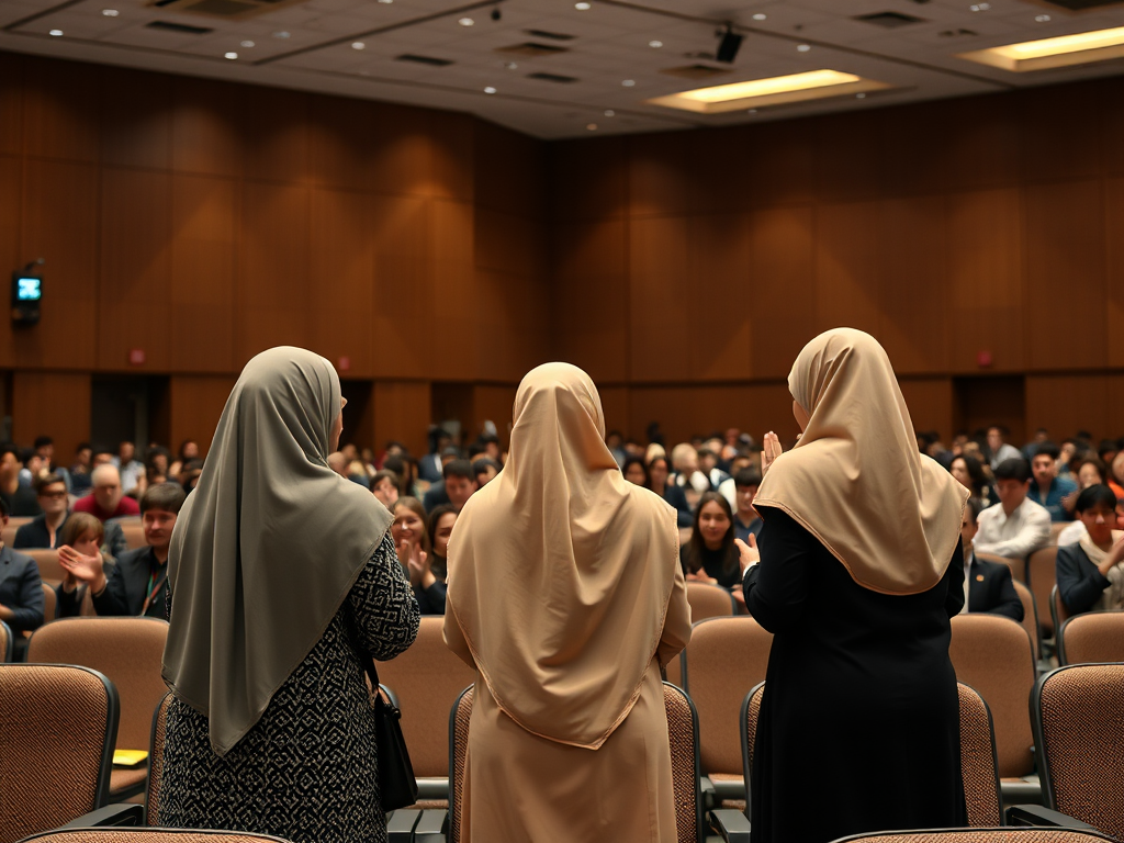 Three girls in hijabs bow at conference's end.