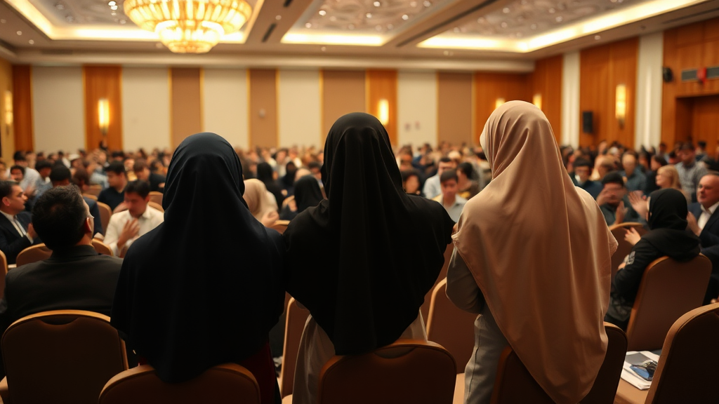 Three girls in hijabs bow to audience.