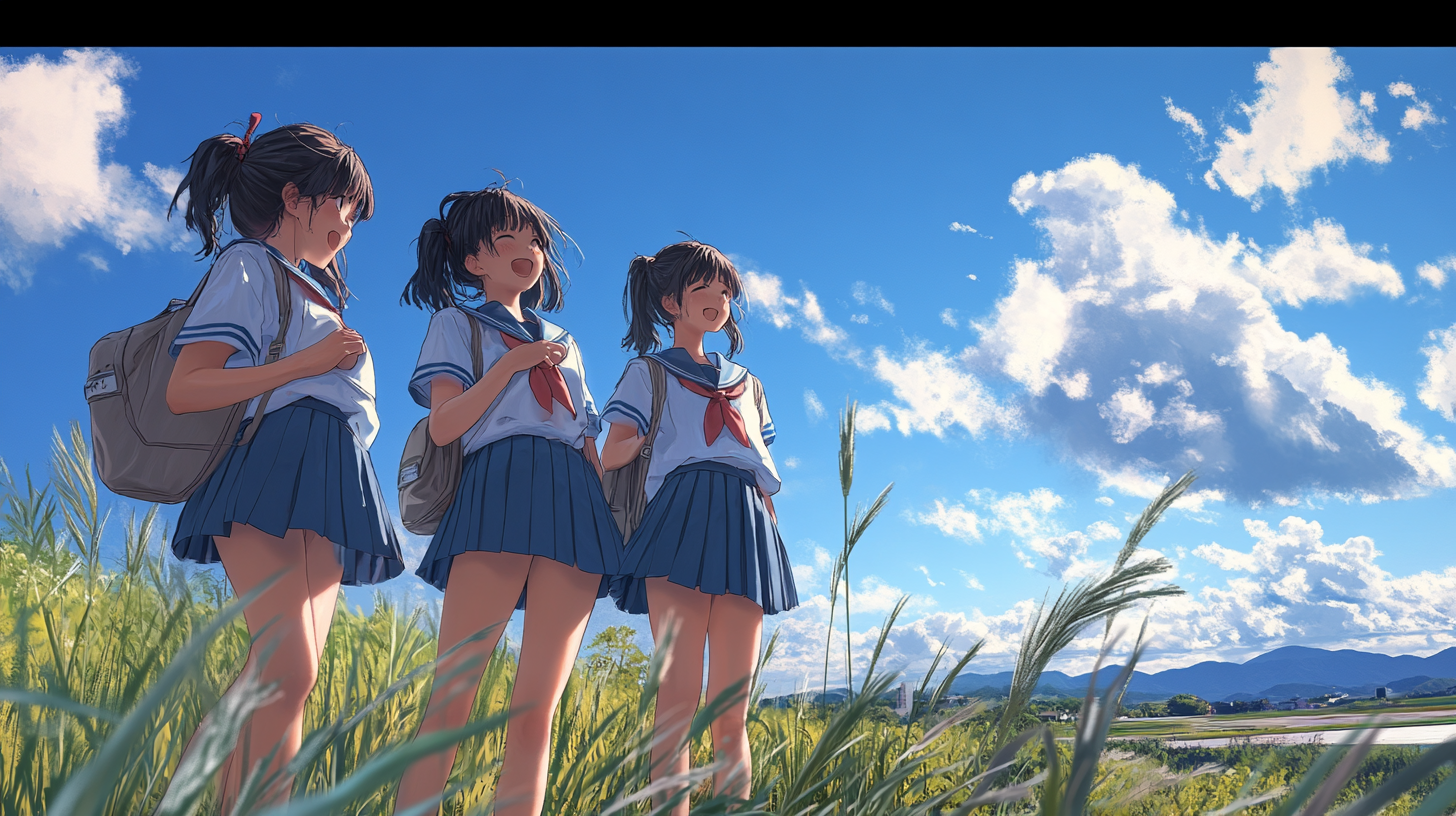 Three happy Japanese girls in traditional school uniforms.