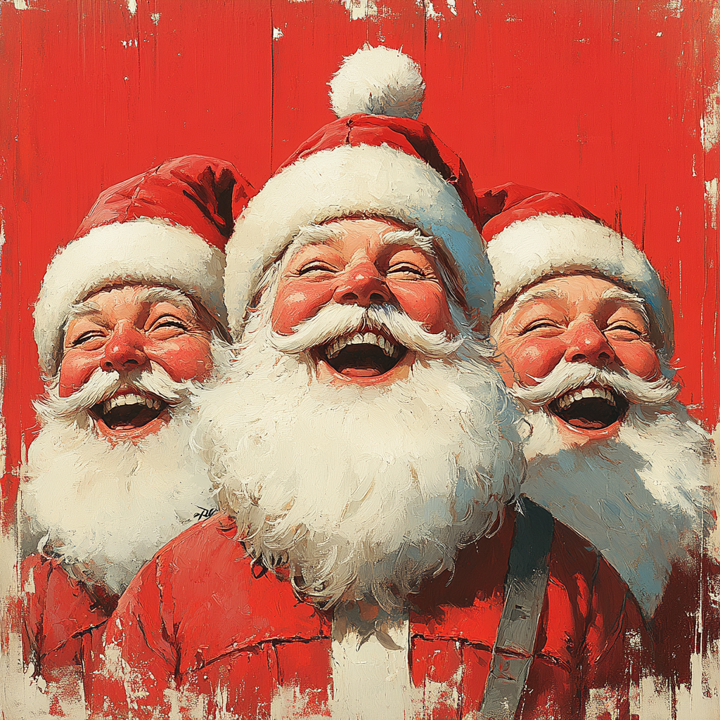 Three happy Santa faces on Christmas card