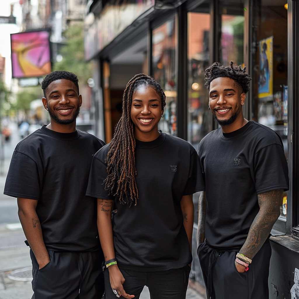 Three happy individuals outside a black storefront studio.