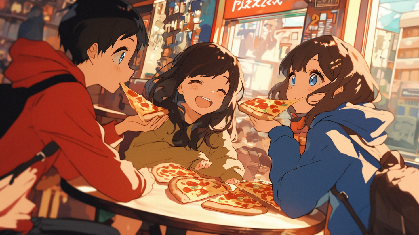 Three happy kids share pizza in a parlor.