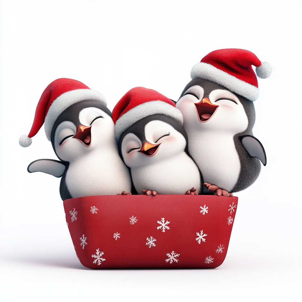 Three happy penguins play in Christmas present