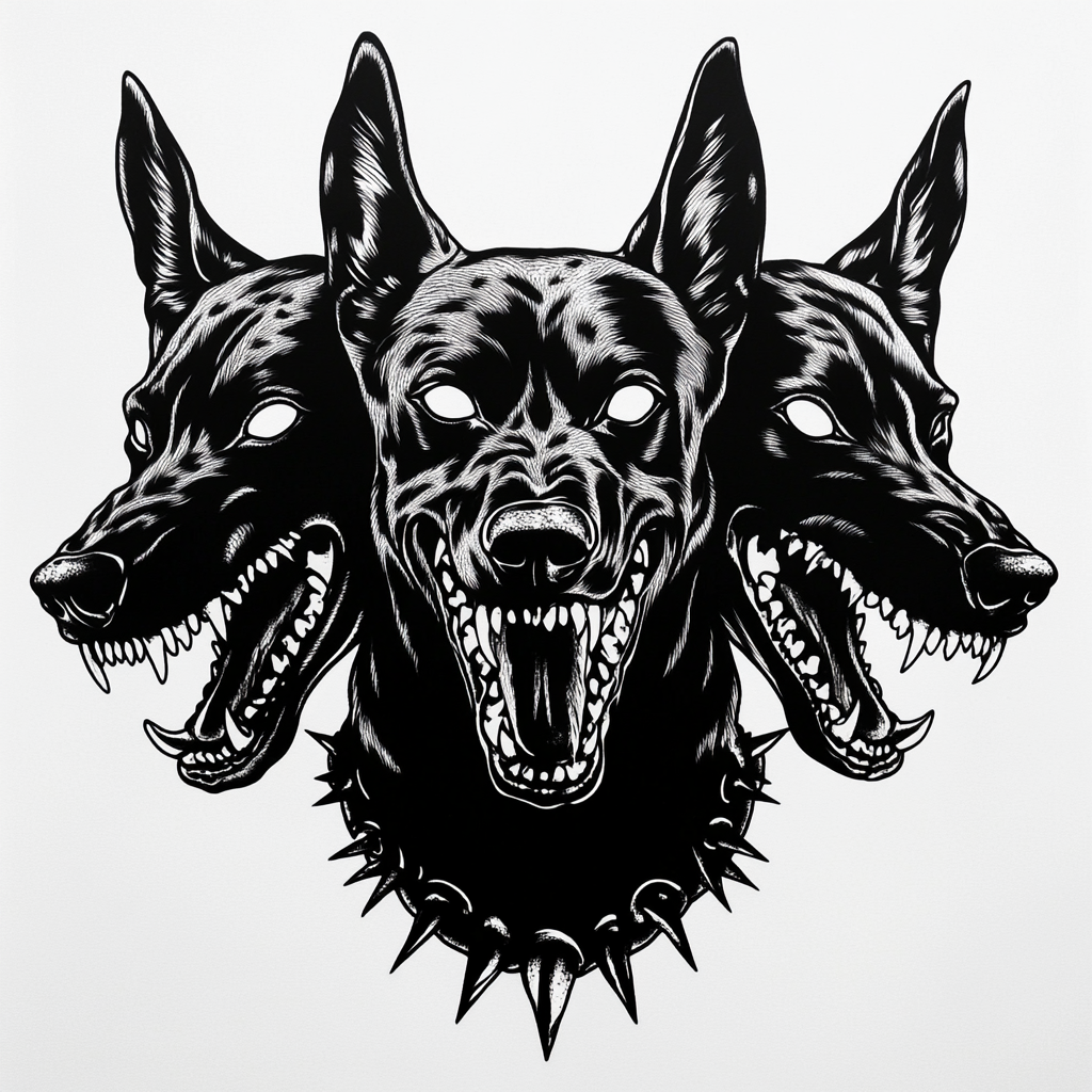 Three-headed Doberman on white background with spiked collar.