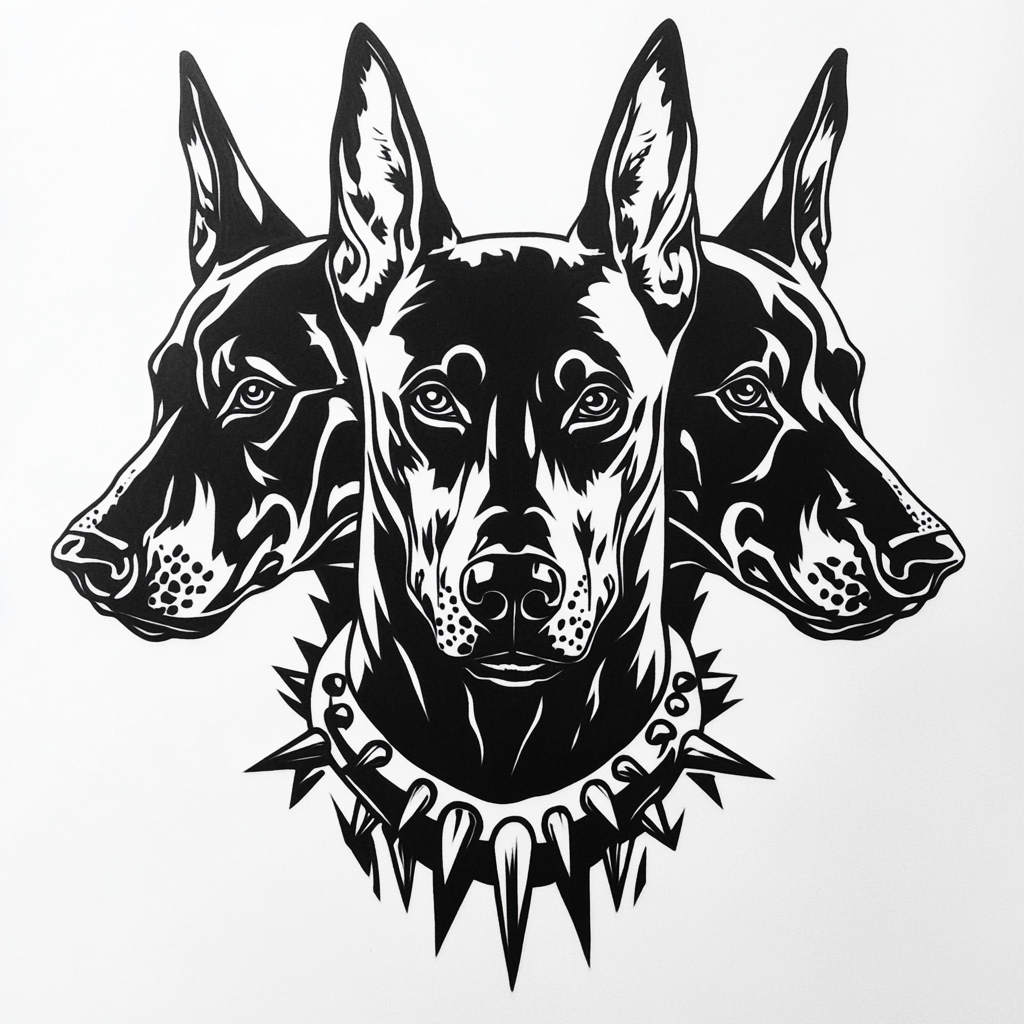 Three-headed black Cerberus tattoo stencil on white