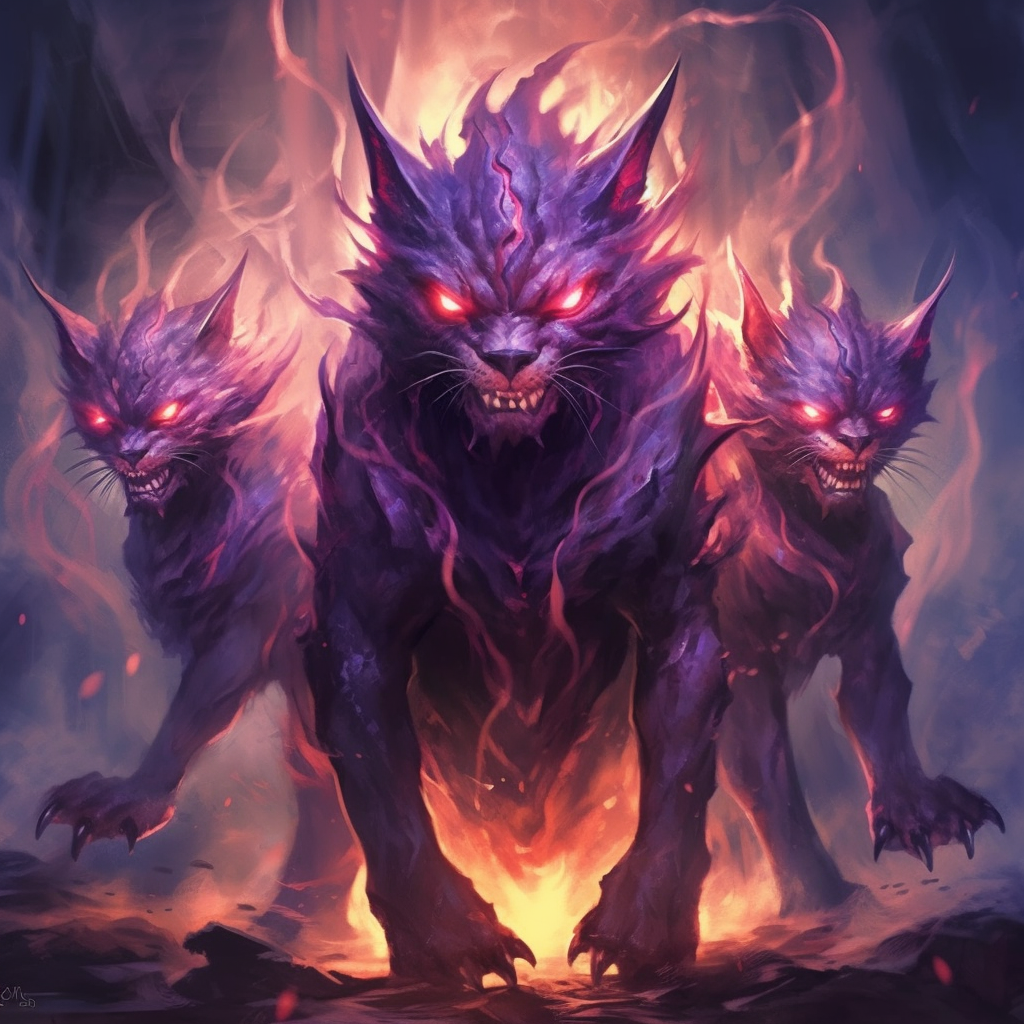 Three-headed demon cat in hell with purple flames.