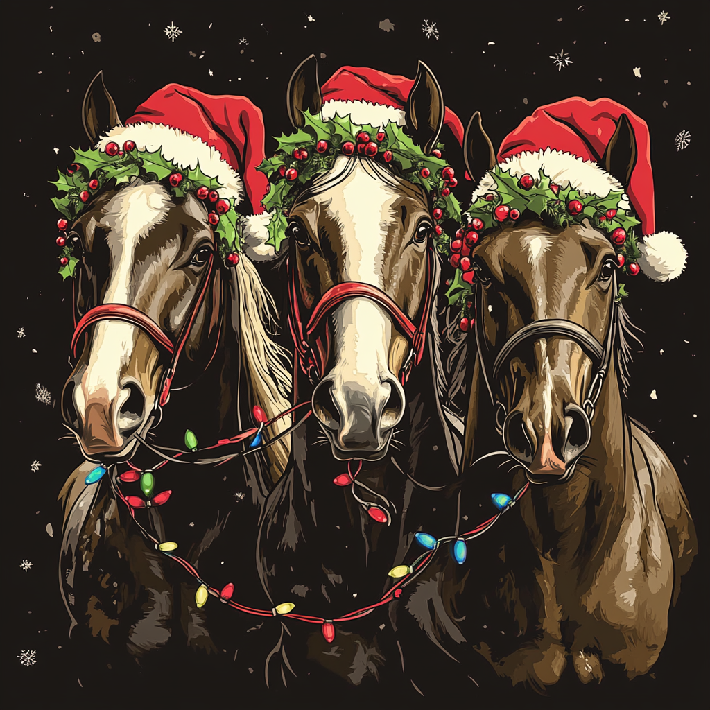 Three horses in Santa hats and lights play