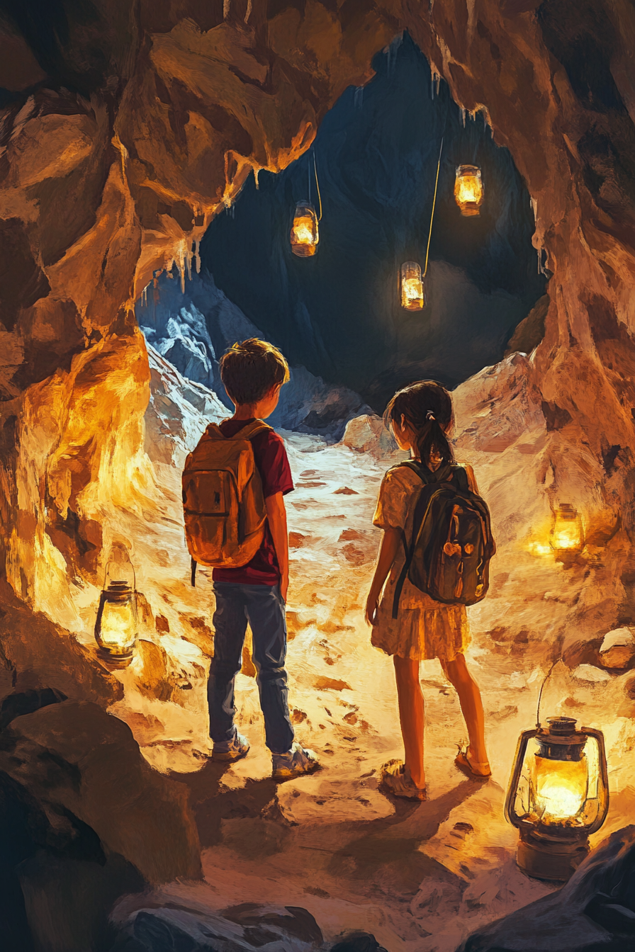 Three kids exploring colorful cave with lanterns