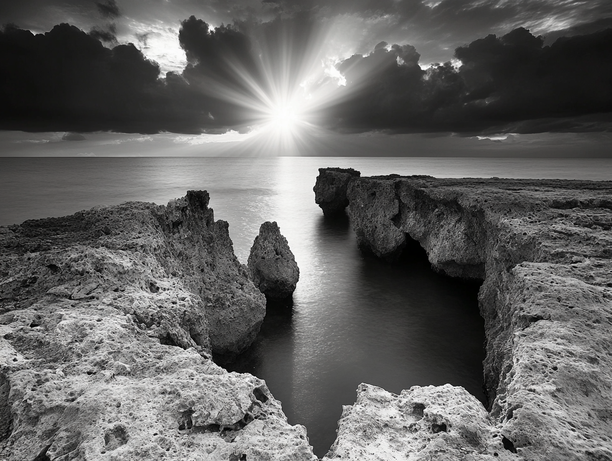 Three limestone rock pinacles in dramatic black and white.