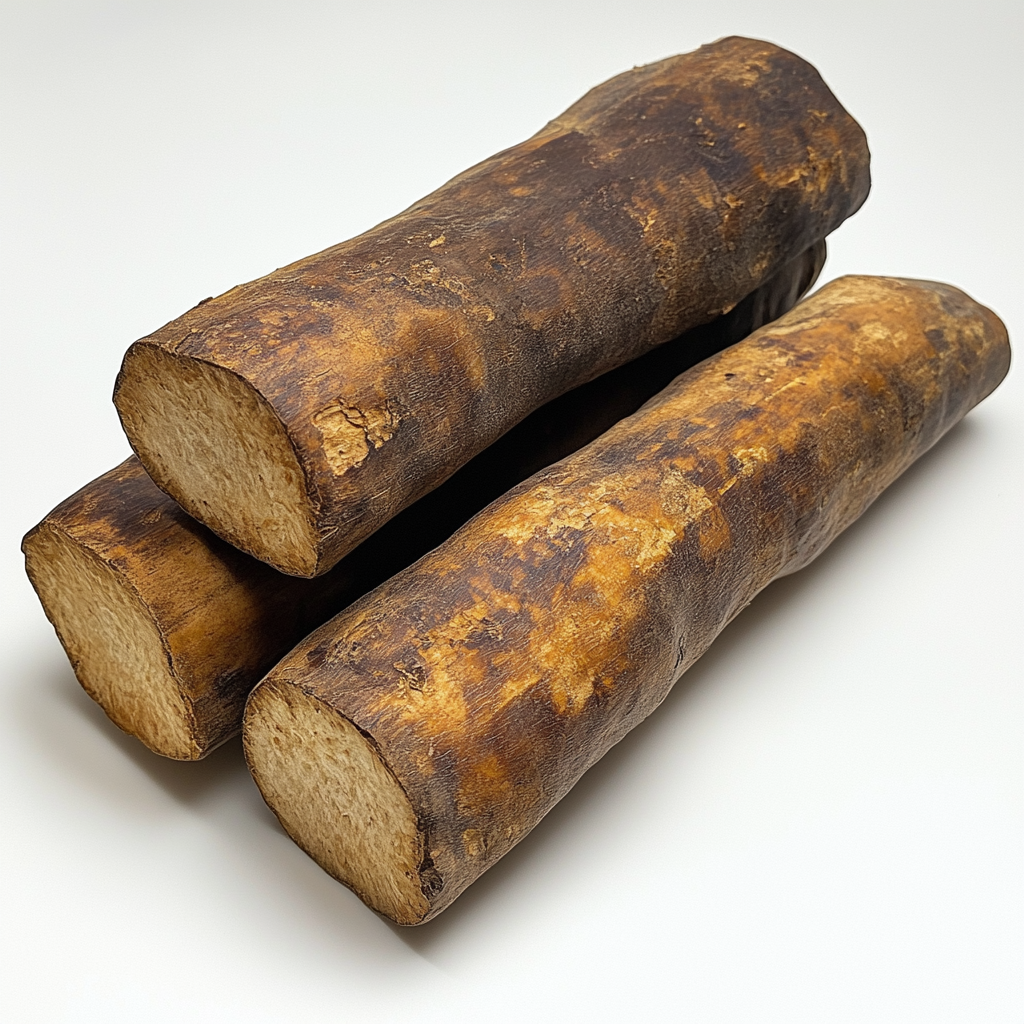 Three long, thick wild yams layered horizontally.