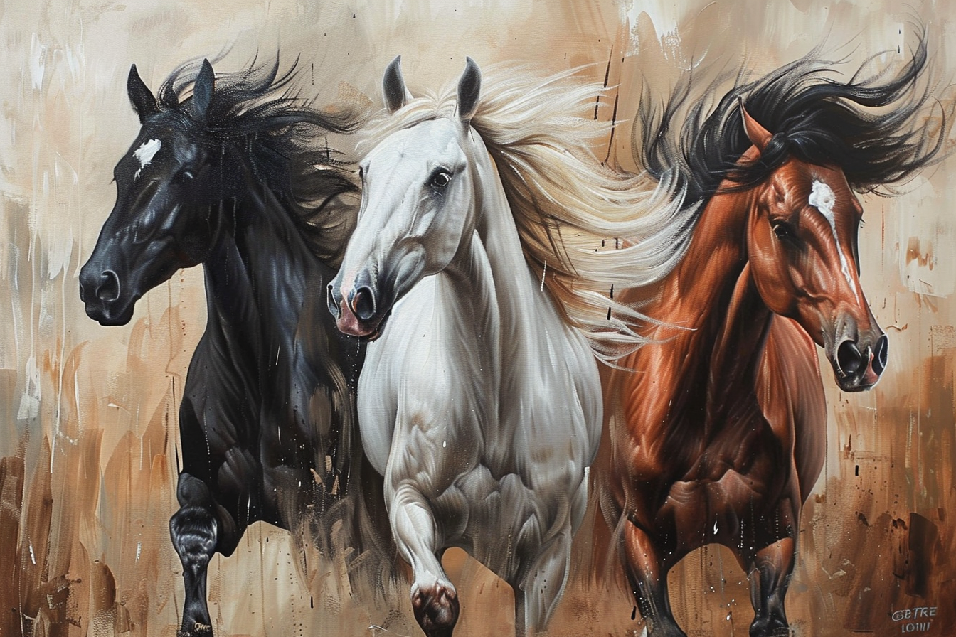 Three majestic horses in soft oil painting