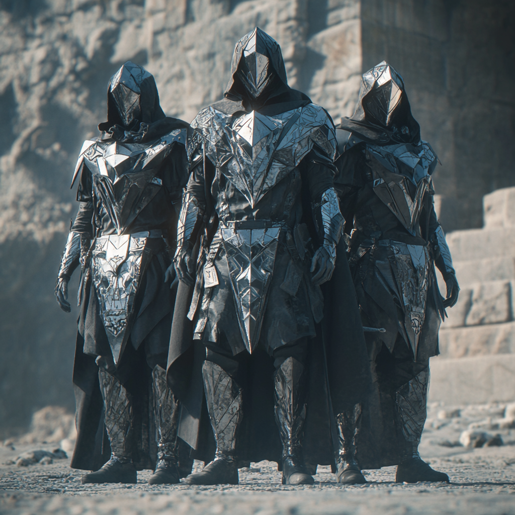 Three men in detailed geometric armor standing heroically