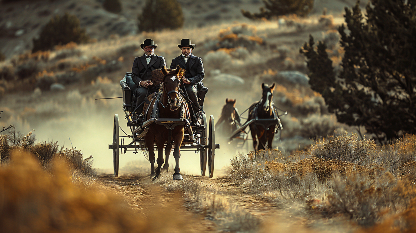 Three men riding horse-drawn buggy in cinematic style.