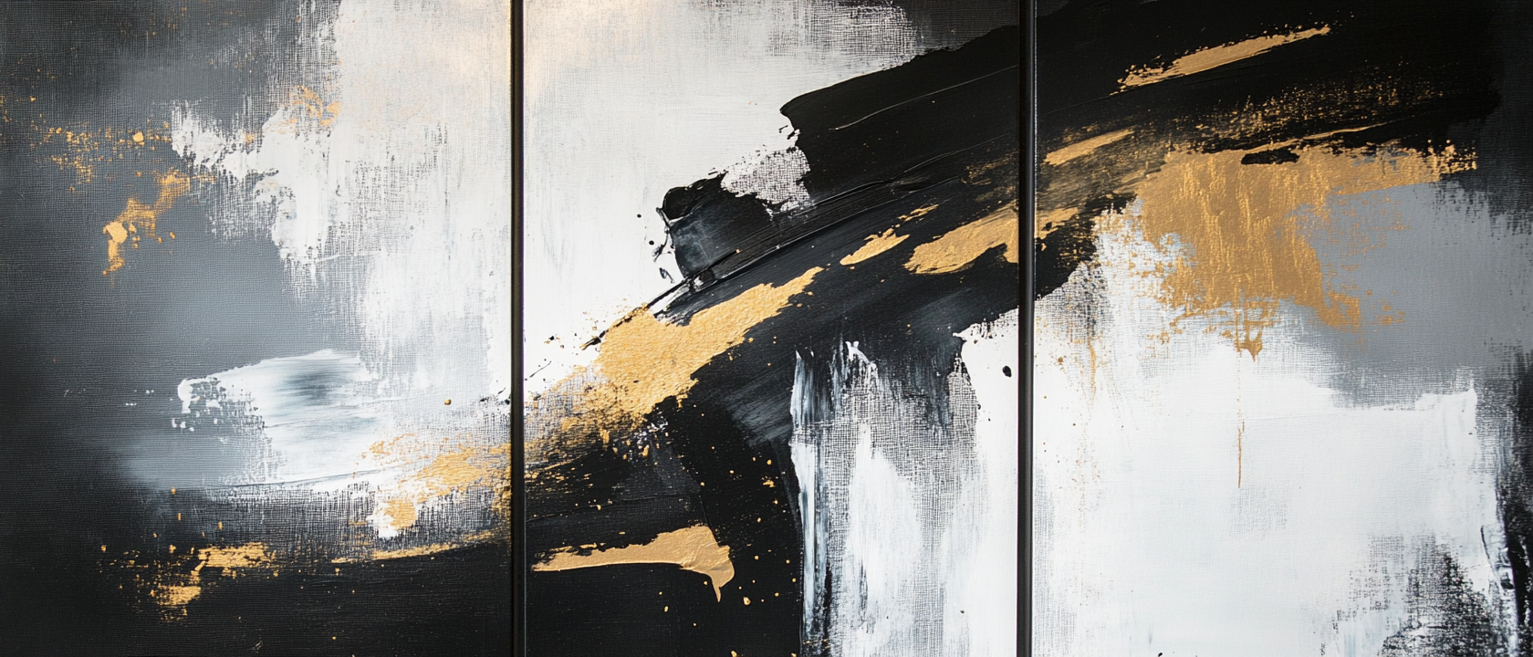 Three panel abstract art in black and white.