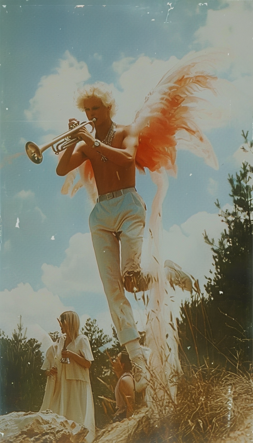 Three people in forest watching angel playing trumpet.