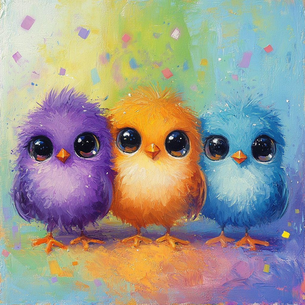 Three playful, colorful birds on vibrant rainbow background.