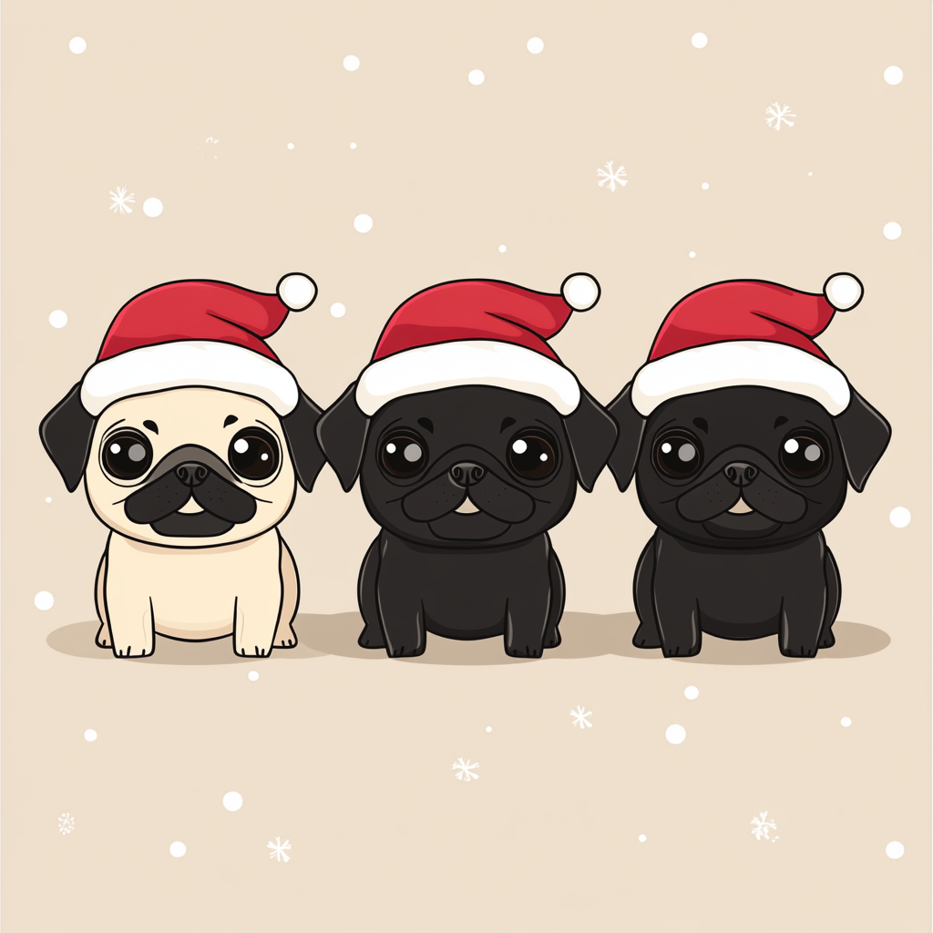 Three playful pugs in Santa hats, holiday clipart.