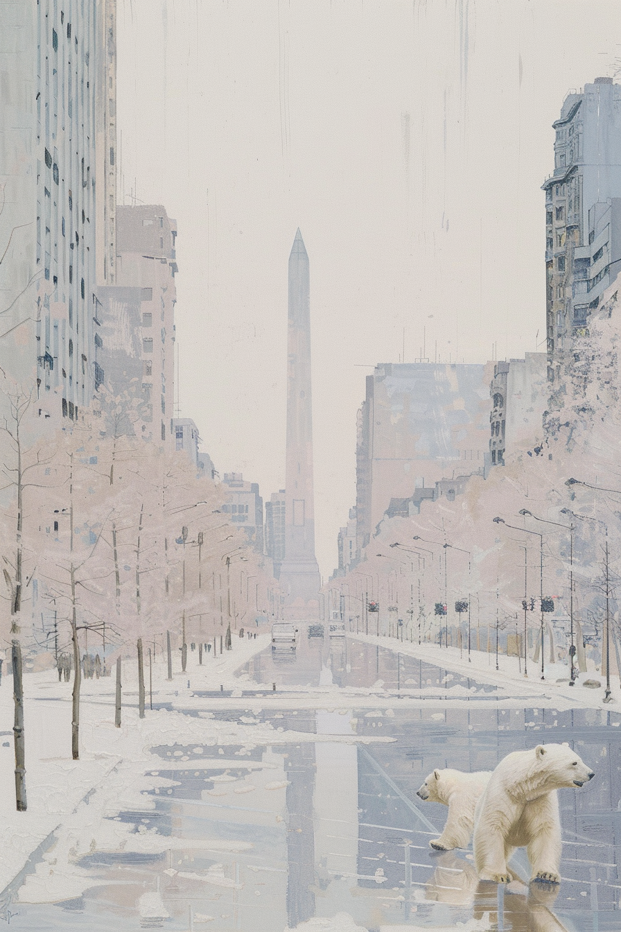 Three polar bears on street with Buenos Aires obelisk.