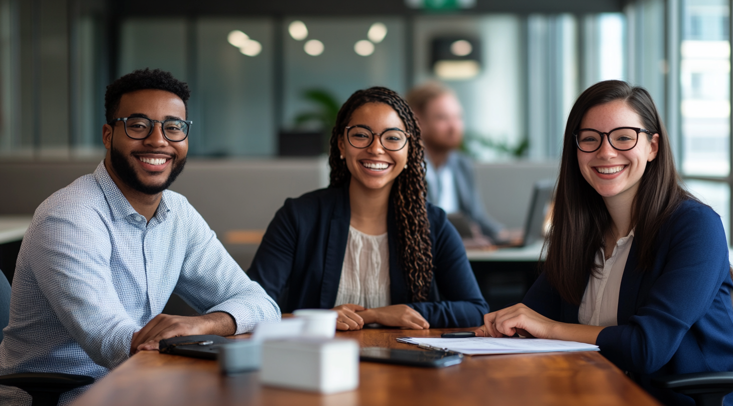 Three professionals meeting at office table, smiling. Nikon D850.