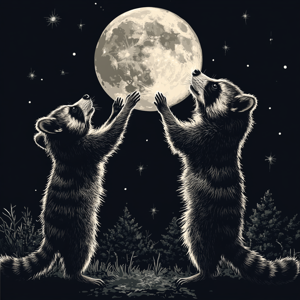 Three raccoons howling at moon in celestial clipart style.