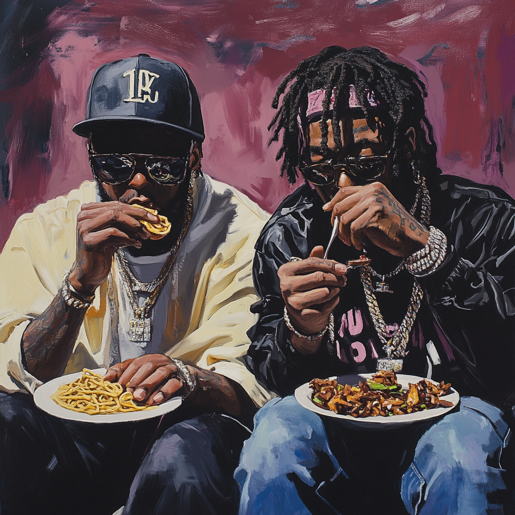 Three rappers sit, one uses silver spoon.