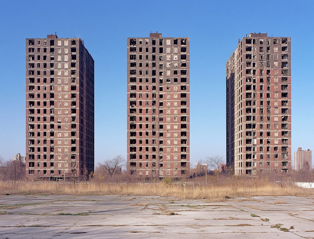 Three residential towers in Detroit with brutalist architecture.