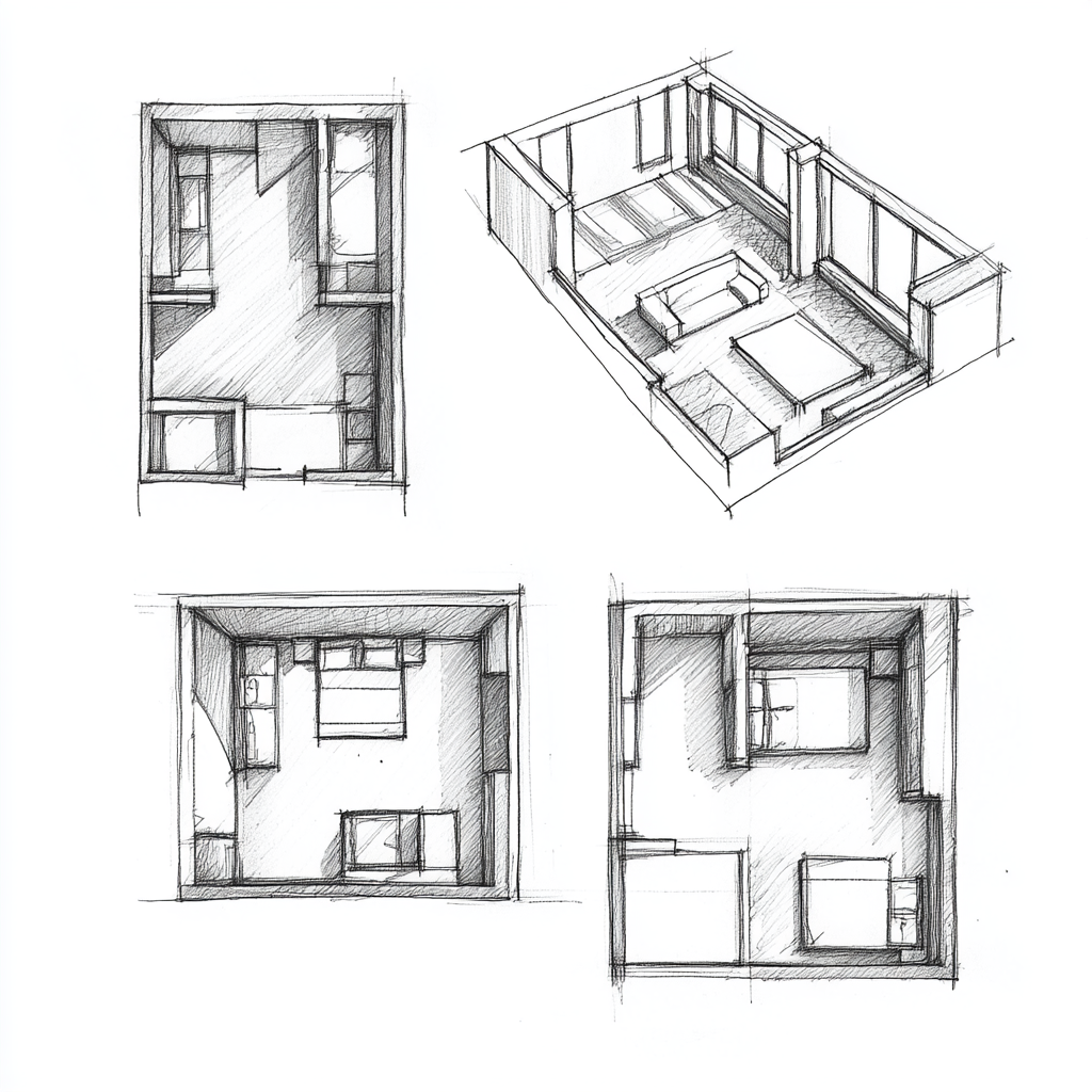 Three room floor plans, apartment with two bedrooms.