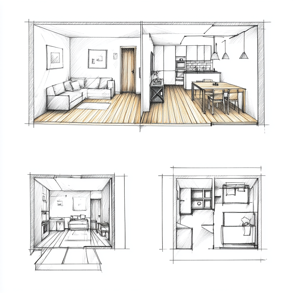 Three room floor plans, one with two bedrooms.