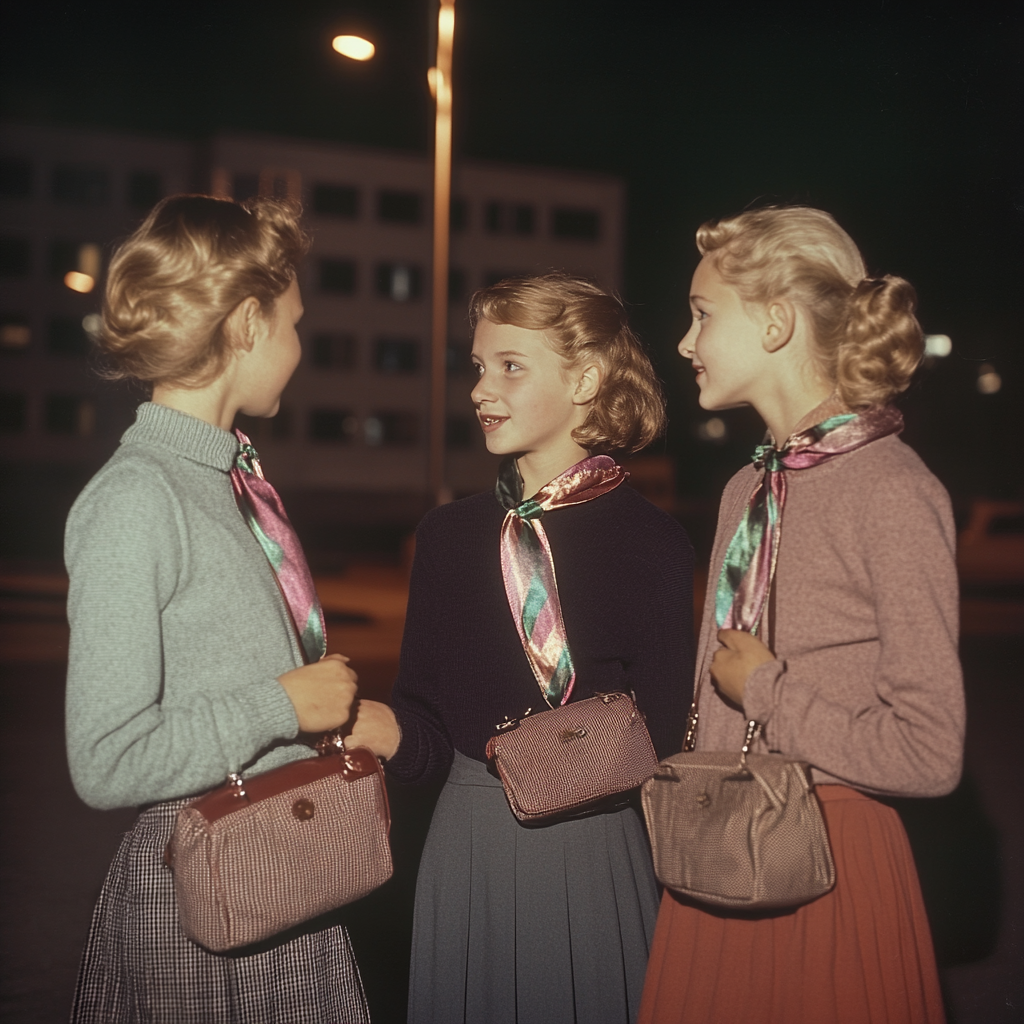 Three scandinavian girls chat outside school at night