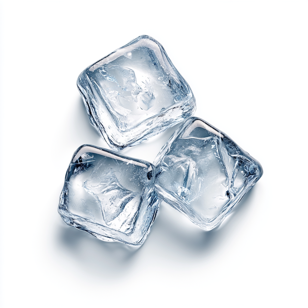 Three separate ice cubes on white background, realistic texture.