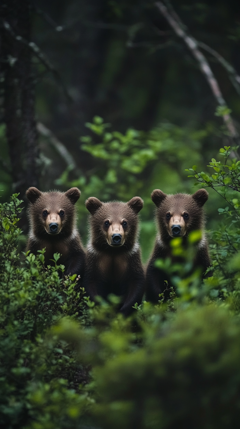 Three small but fierce bear cubs in forest.