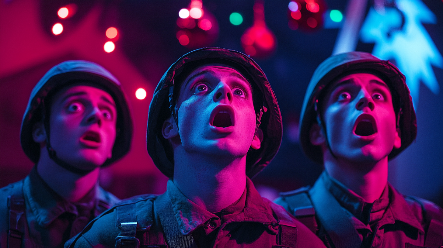 Three soldiers shocked by Christmas decorations on album cover