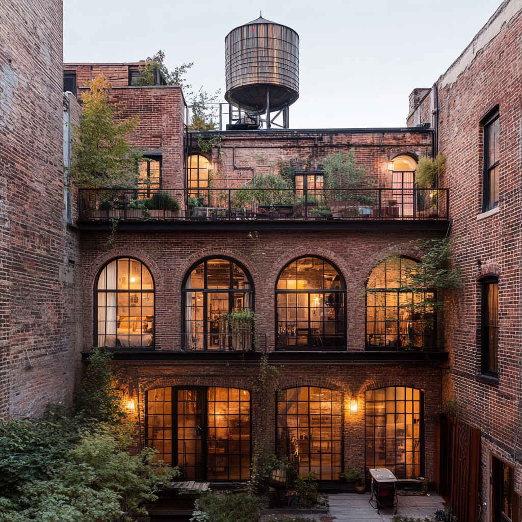 Three-story converted warehouse in NYC with water tower atop.