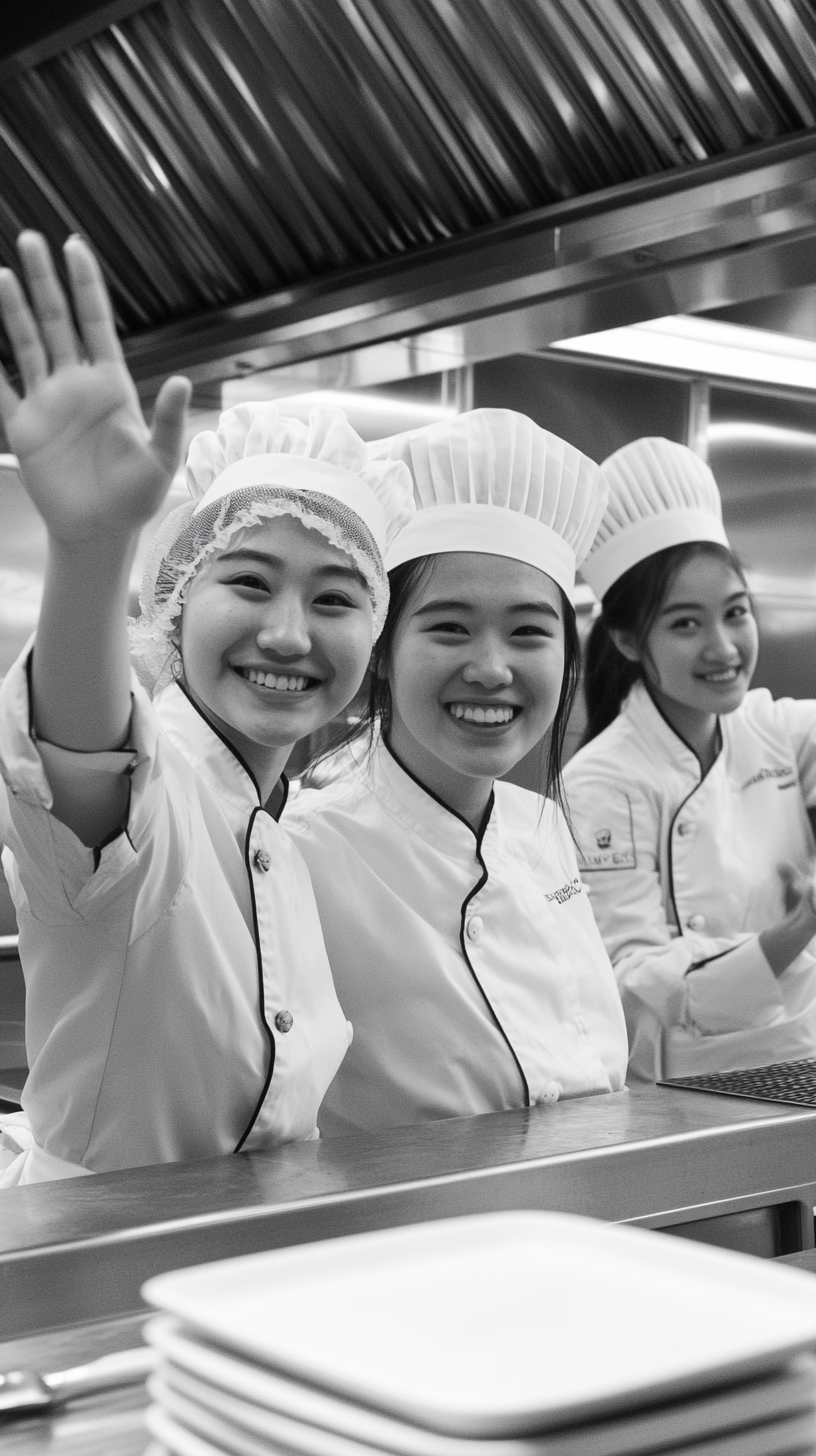 Three student chefs in commercial kitchen, smiling, waving.