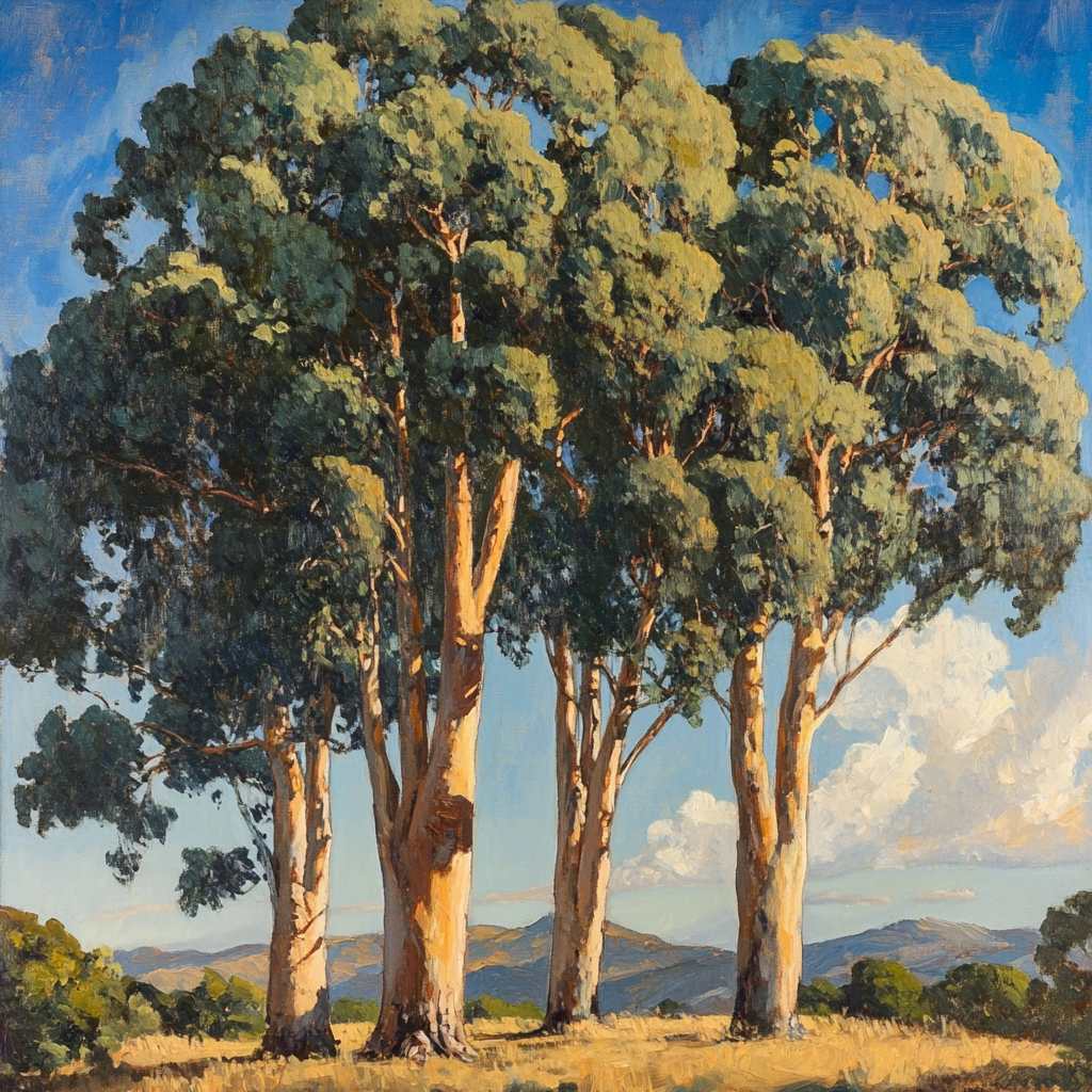 Three tall eucalyptus trees under the sky in a painting.