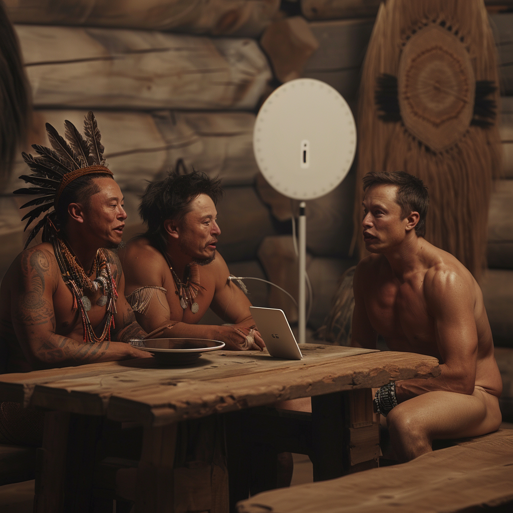 Three tribe members watch tablet with Elon Musk surprised.