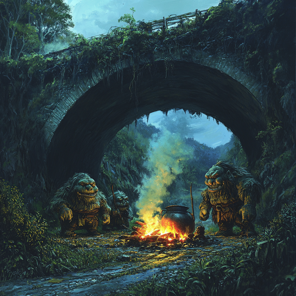 Three trolls around a smoking cauldron under a bridge.