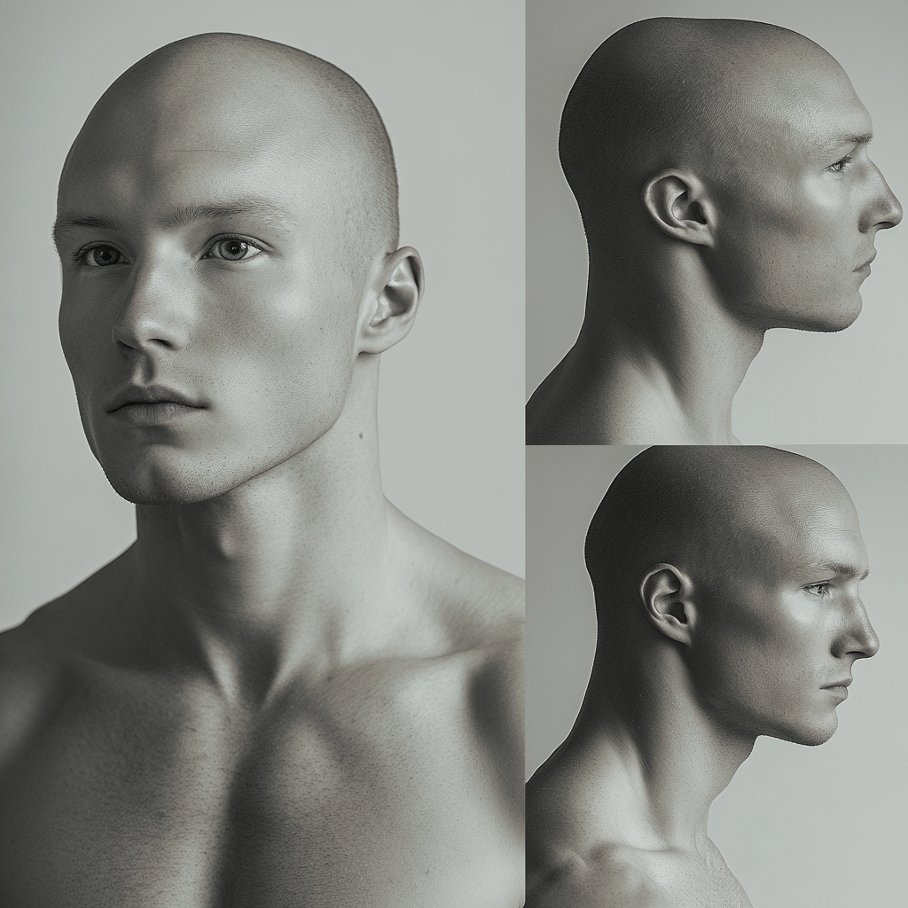 Three views of a bald, slim man