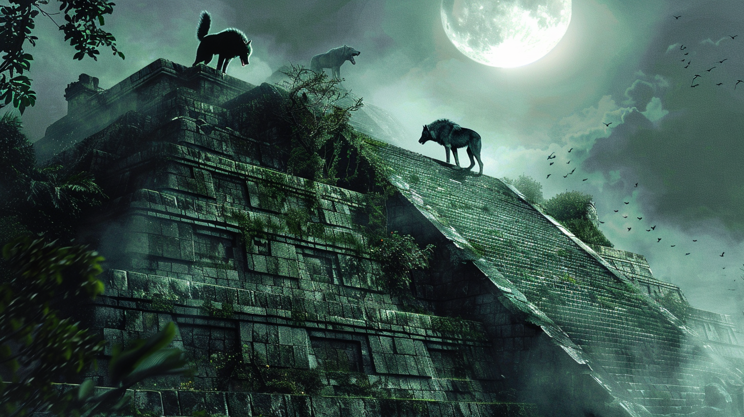 Three werewolves on Mayan pyramid at night. Full moon.