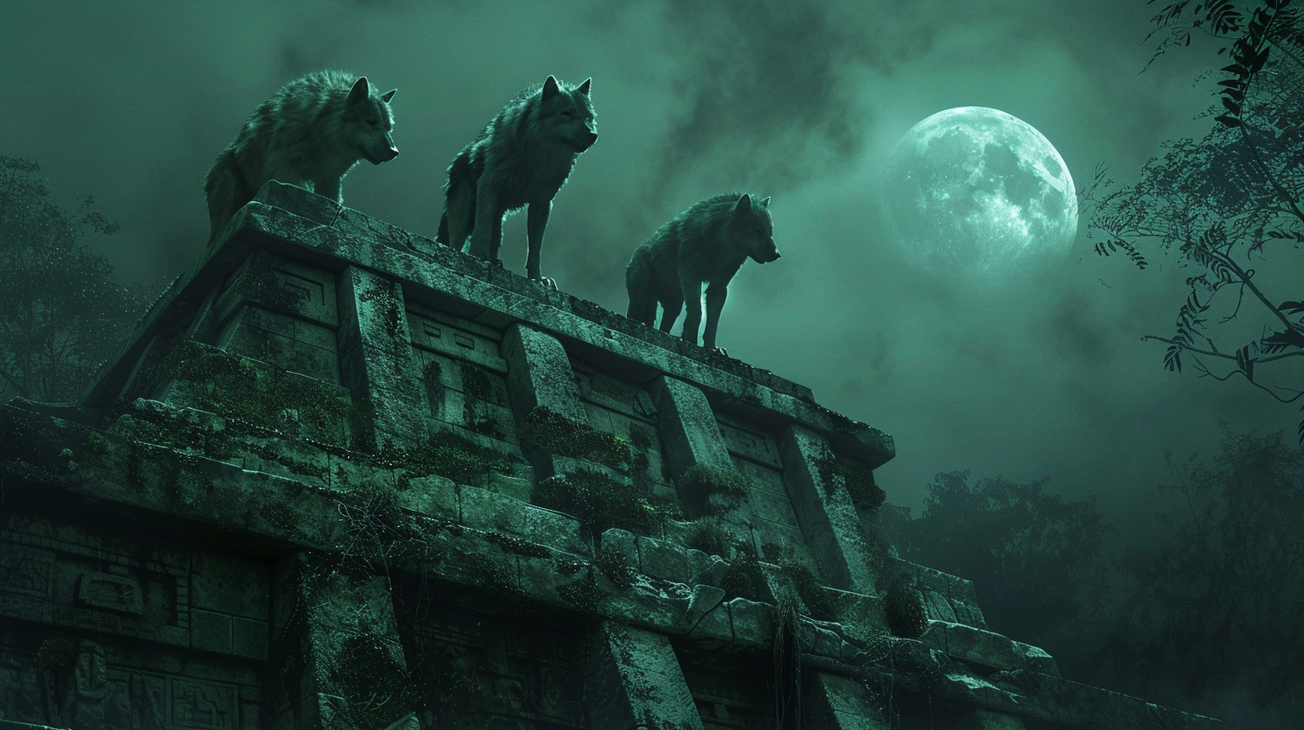 Three werewolves on Mayan pyramid under full moon.