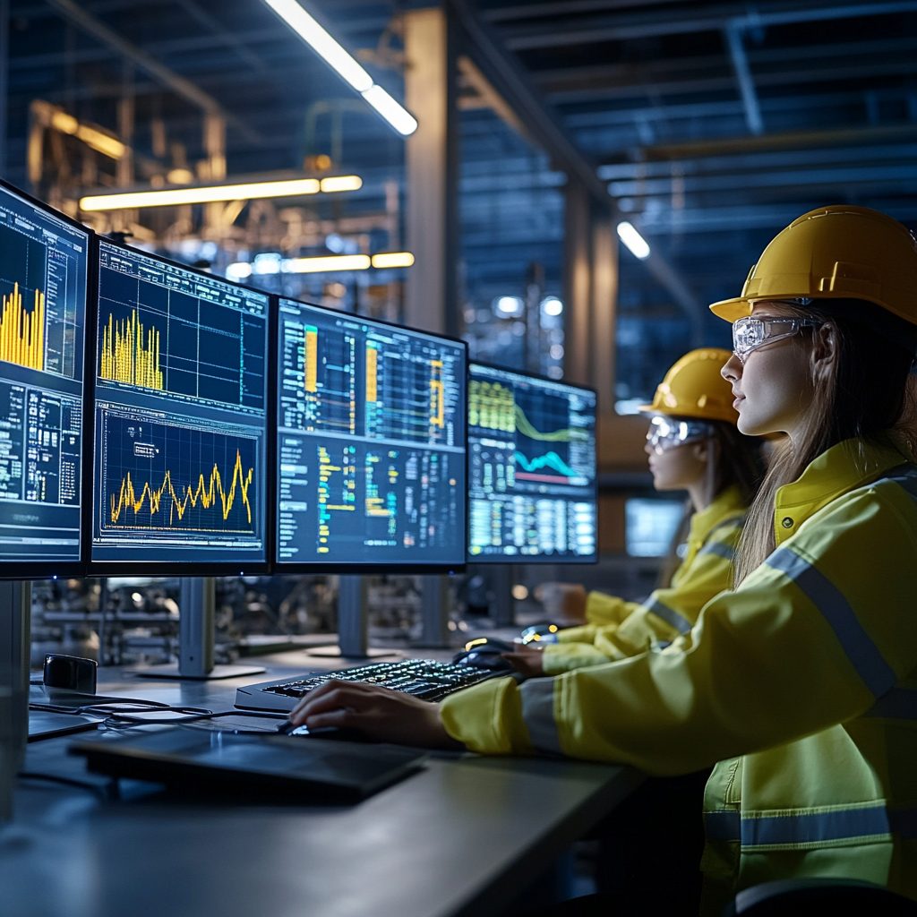 Three women in construction attire with computers showing data.