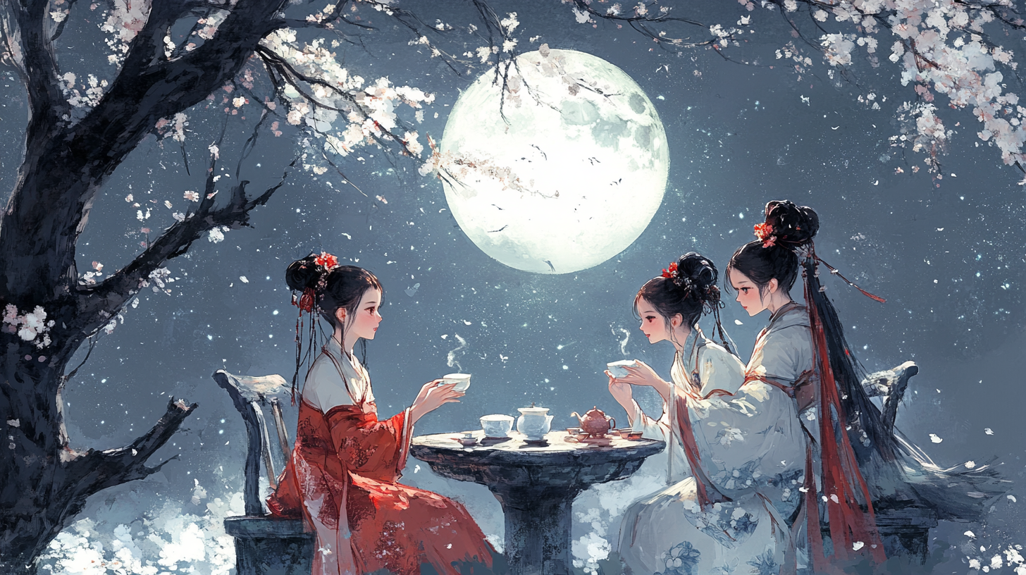 Three young girls in Chinese costumes chatting under moonlit osmanthus tree