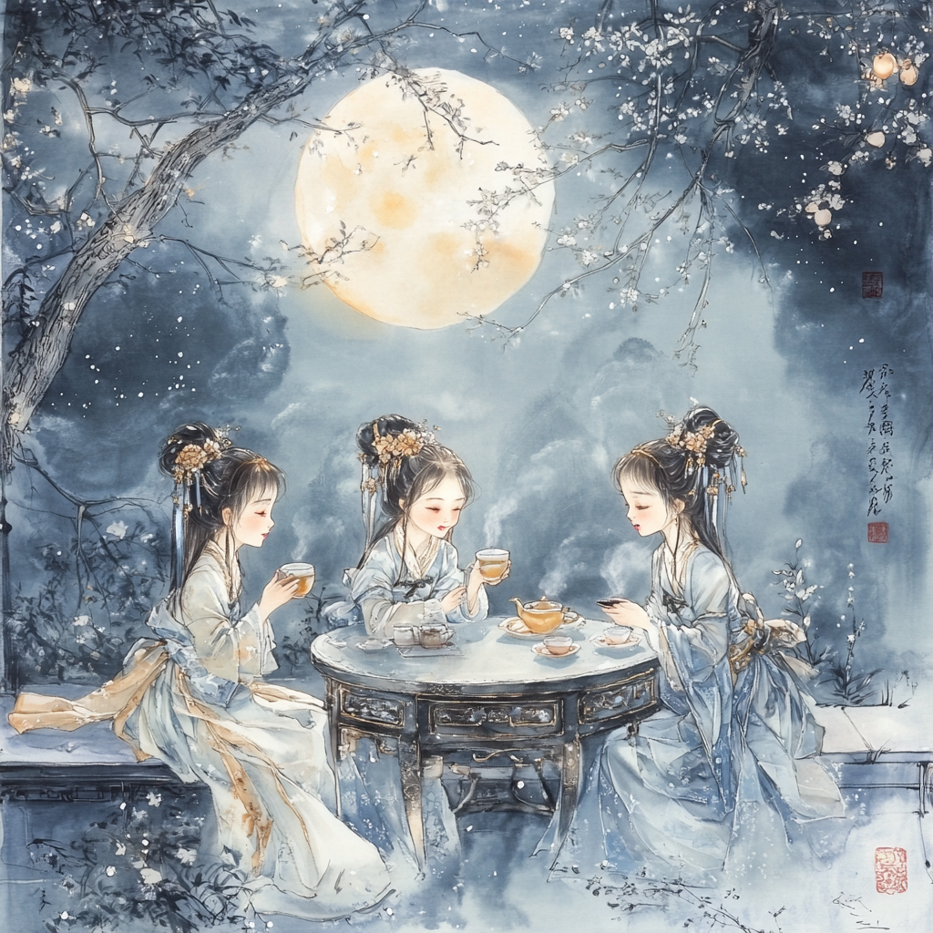 Three young girls in Chinese costumes under osmanthus tree