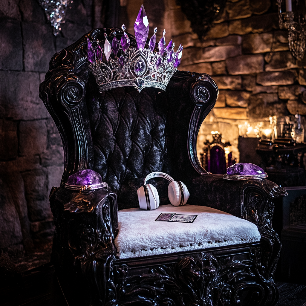 Throne chair with crown, headphones, and tarot deck.