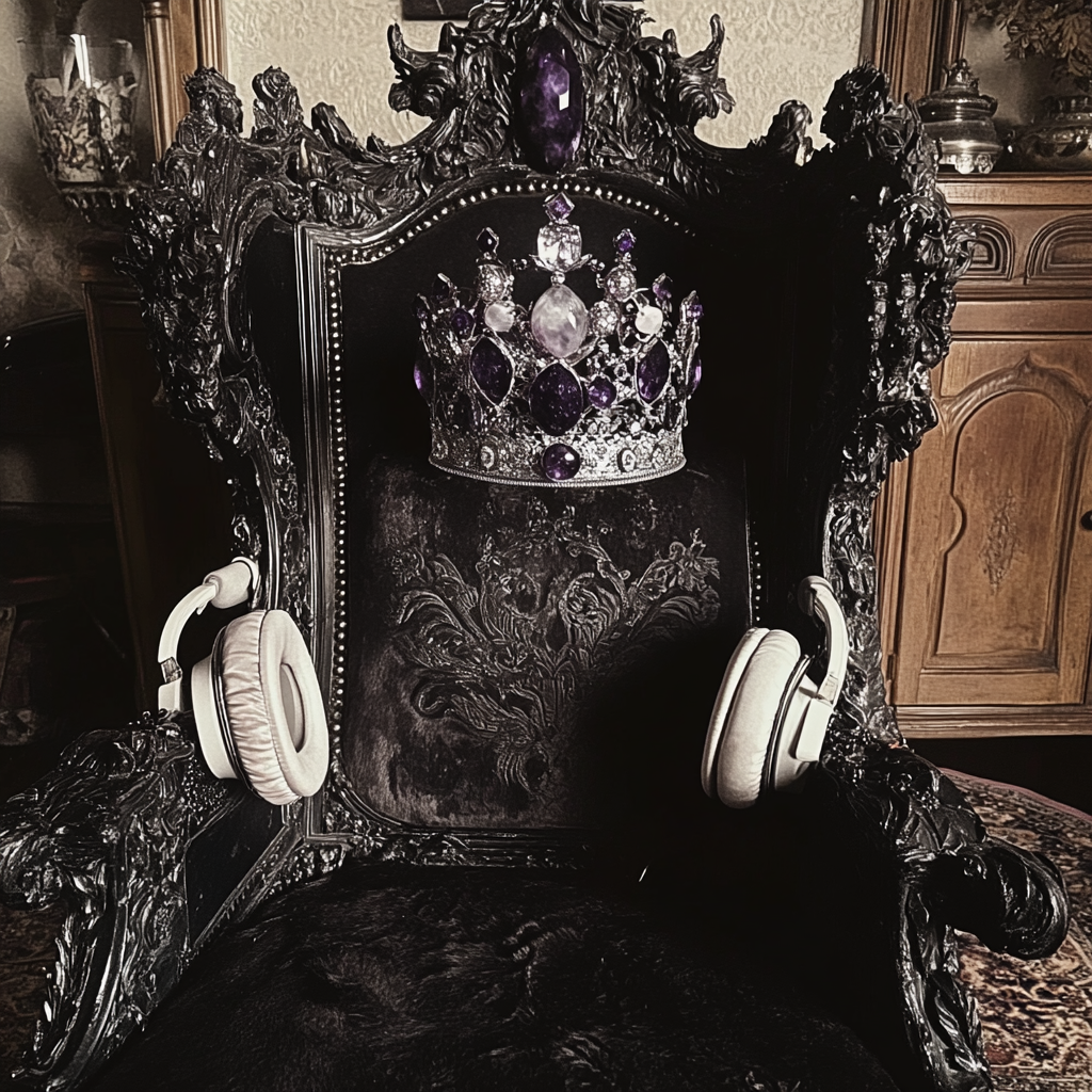 Throne chair with silver crown, headphones, and tarot deck.