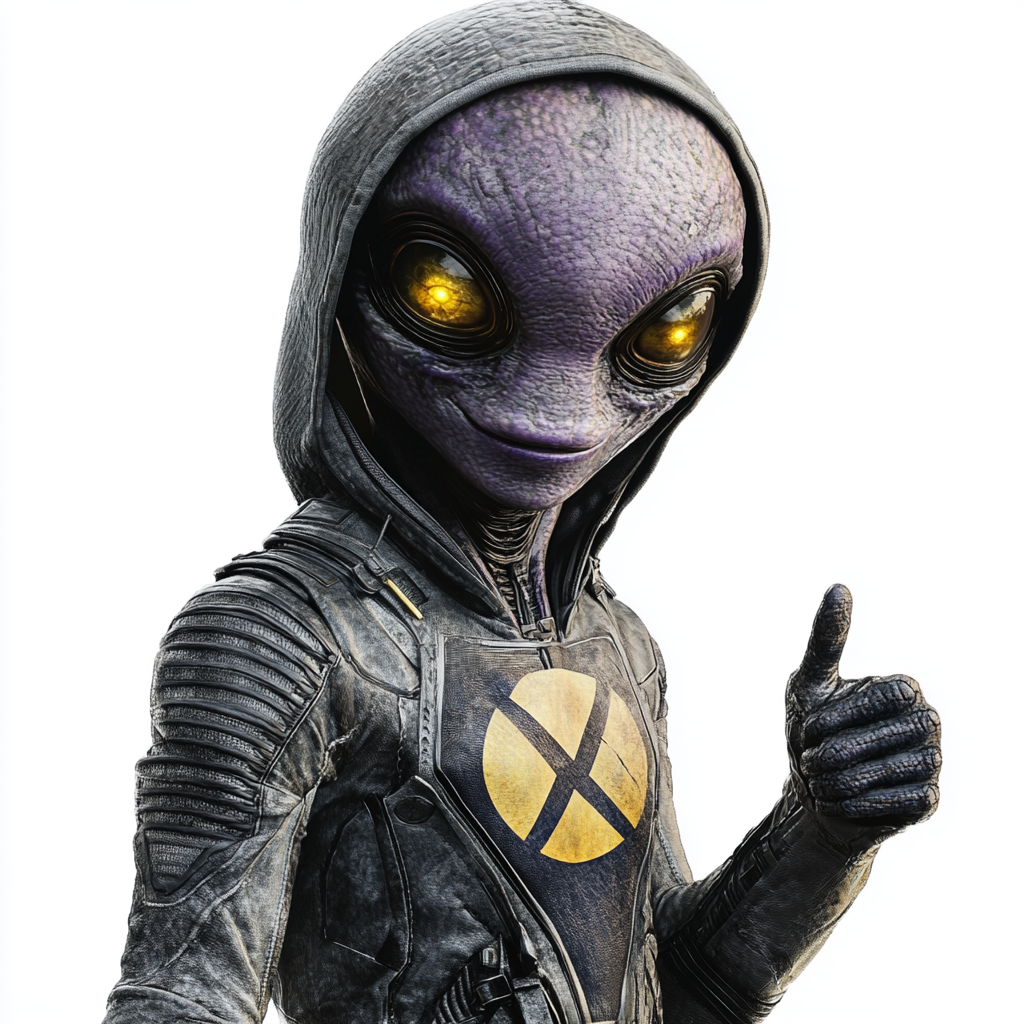 Thumbs up from grey alien in high tech armor.